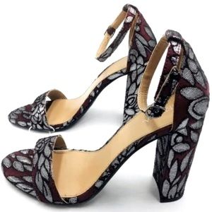 Metallic Floral Block Heel Strap Sandals